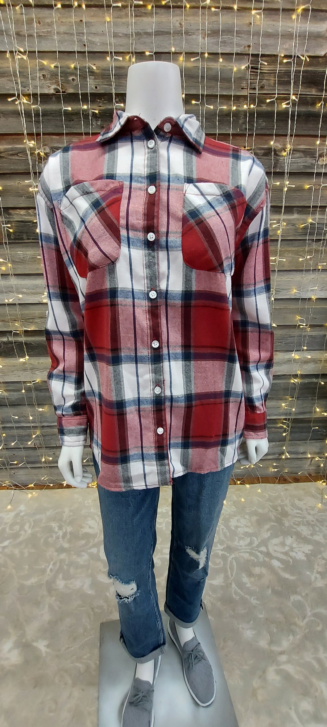 Silver Long Sleeve Plaid Blouse
